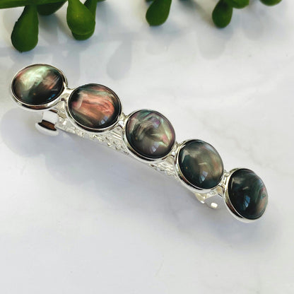 Black Marble Resin Hair Barrette: Silver French Clip