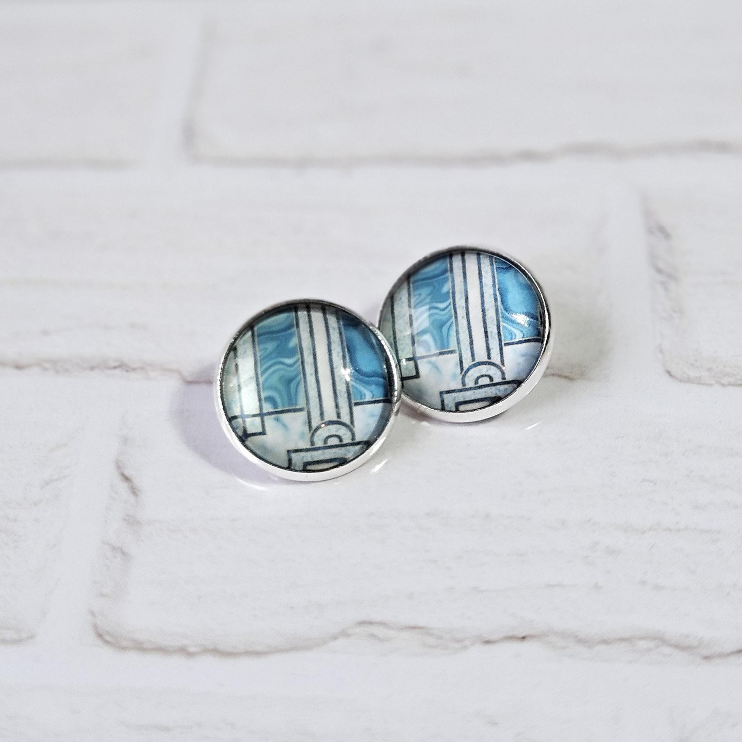Blue Art Deco Clip-On Earrings | Handmade 16mm Cabochon | Non-Pierced Statement Earrings | Silver Tone