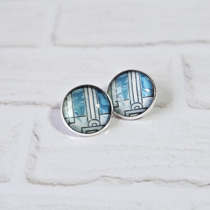 Blue Art Deco Clip-On Earrings | Handmade 16mm Cabochon | Non-Pierced Statement Earrings | Silver Tone