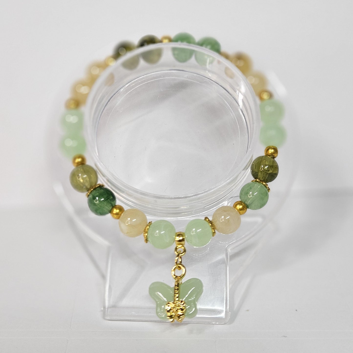 Jade small beaded elastic bracelet with butterfly charm, Boho green imitation natural stone streach bracelet with gold details for women.