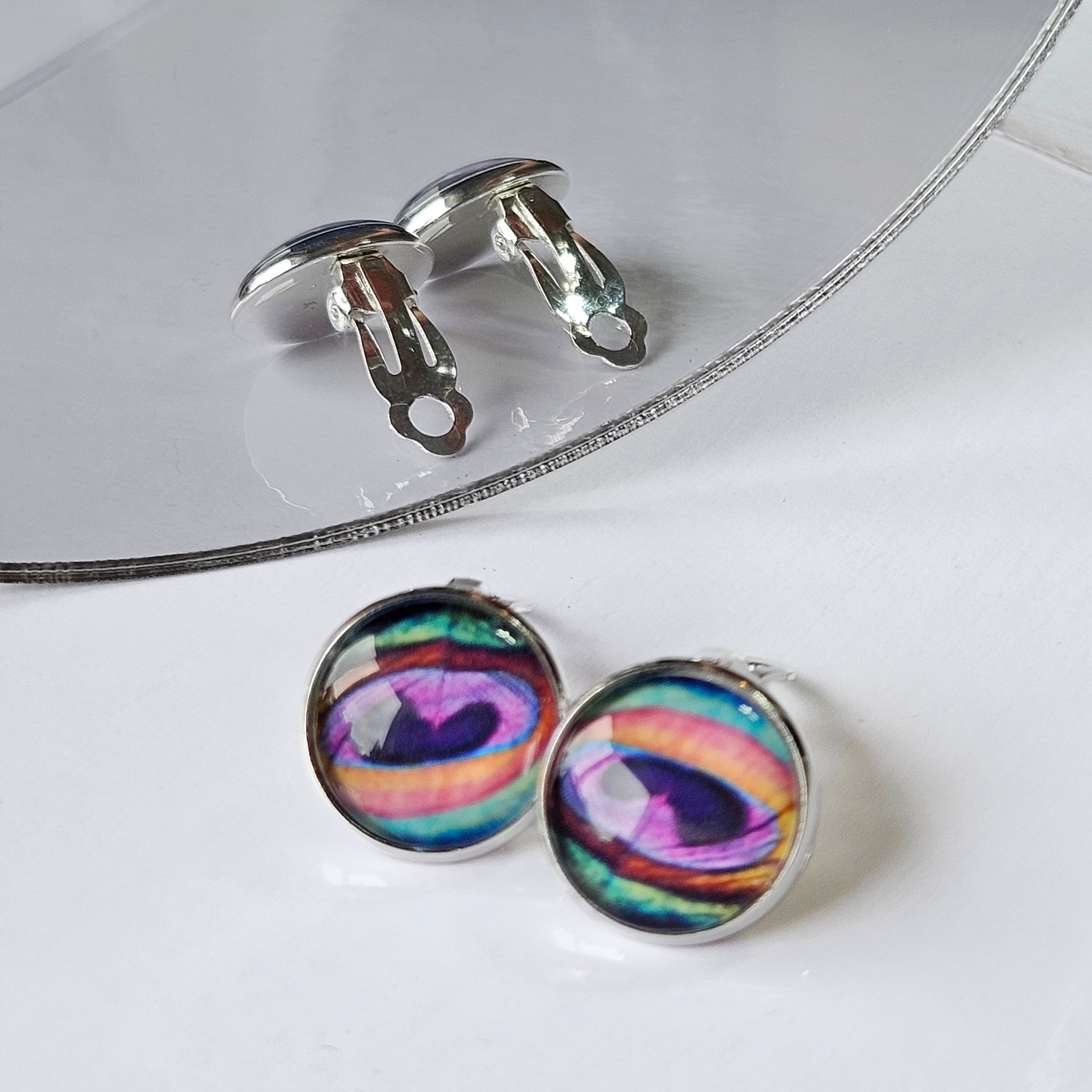 Peacock Feather Clip-On Stud Earrings | Close-Up Detail | Hypoallergenic
