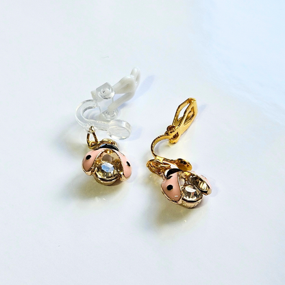 Hypoallergenic pink rhinestone ladybug dangle Clip-On Earrings