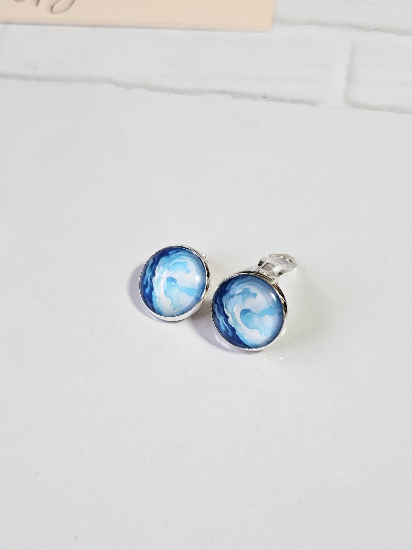 Blue Watercolour Clip On Earrings, Non Piercing Hinged Back Earrings, Handmade Cabochon Stud Earring, Lightweight Statement  Jewellery