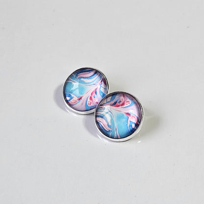 Pink & Blue Patterned Clip-On Earrings – 16mm Cabochon | Non-Pierced | Hypoallergenic