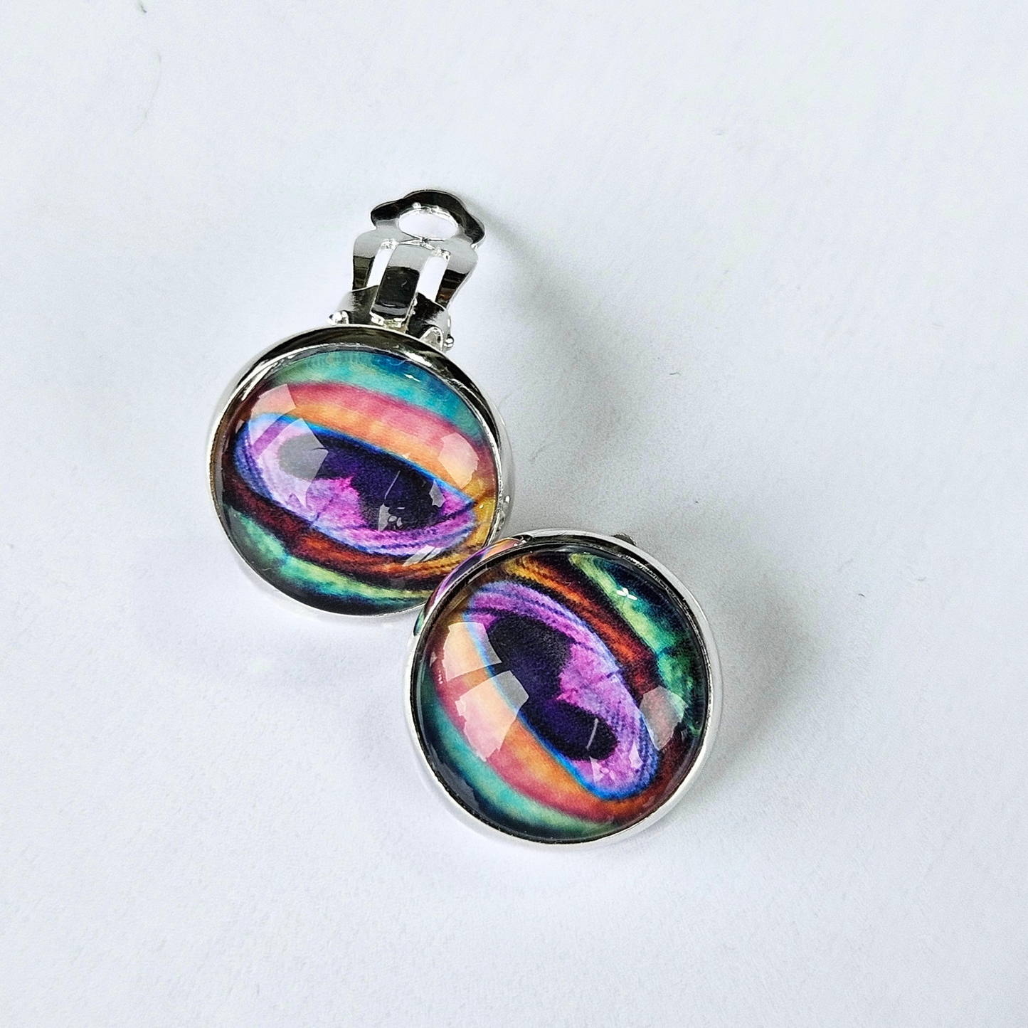 Peacock Feather Clip-On Stud Earrings | Close-Up Detail | Hypoallergenic