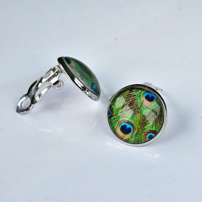 Peacock Feather Clip-On Stud Earrings | Glass Cabochon | Hypoallergenic