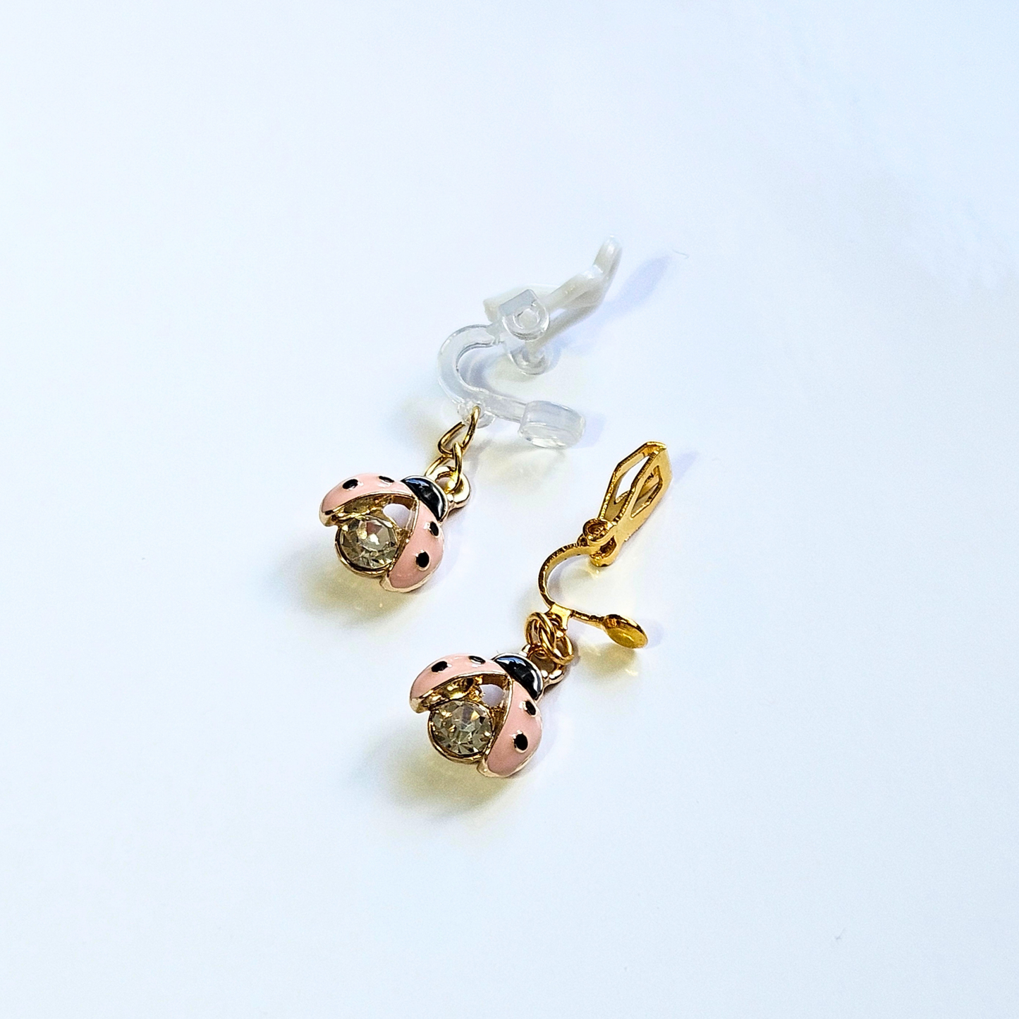 Hypoallergenic pink rhinestone ladybug dangle Clip-On Earrings