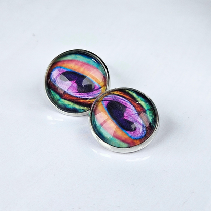 Peacock Feather Clip-On Stud Earrings | Close-Up Detail | Hypoallergenic