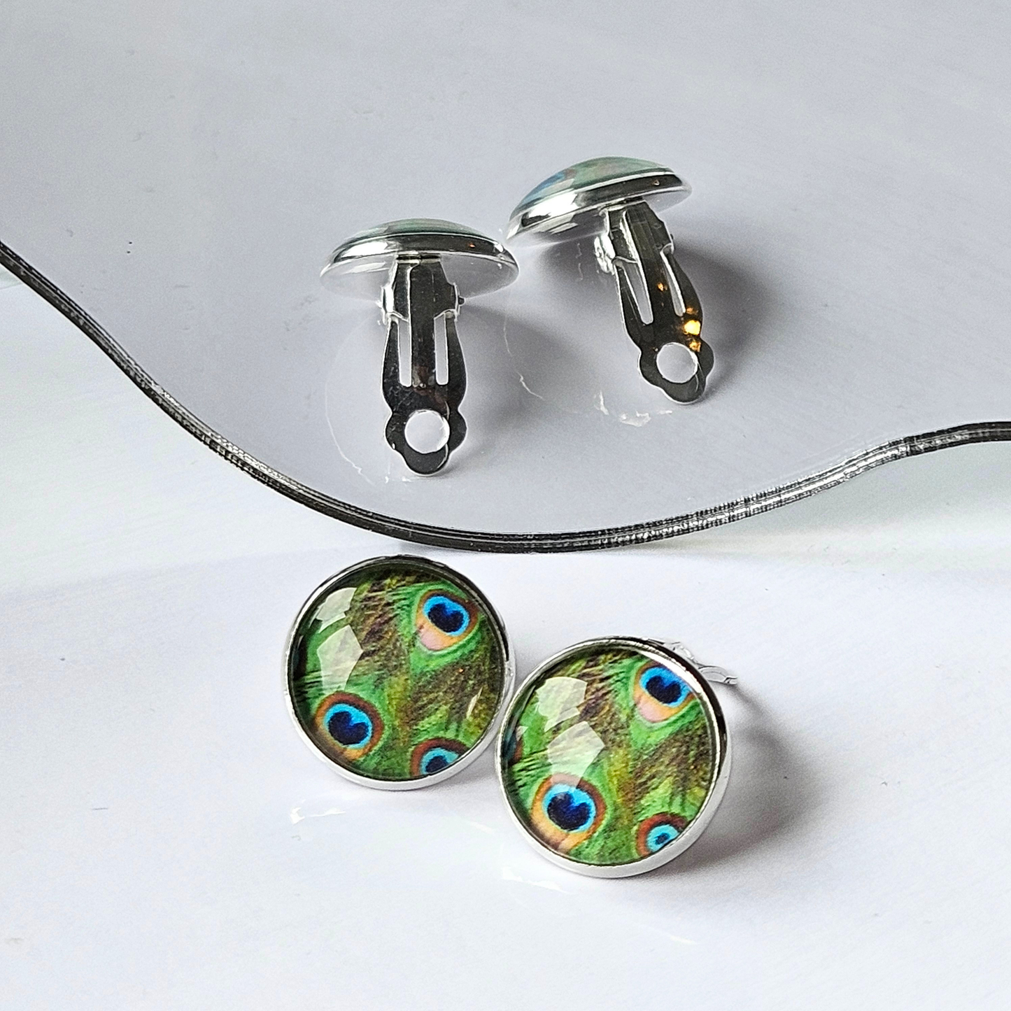 Peacock Feather Clip-On Stud Earrings | Glass Cabochon | Hypoallergenic