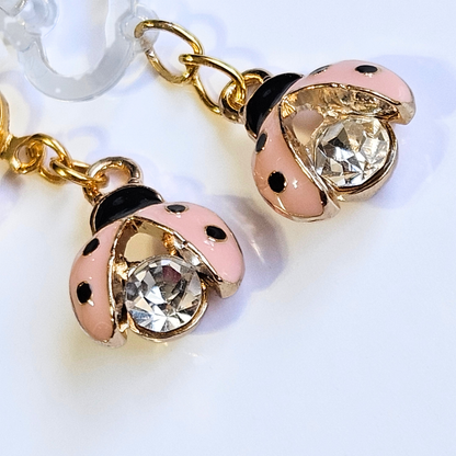 Hypoallergenic pink rhinestone ladybug dangle Clip-On Earrings