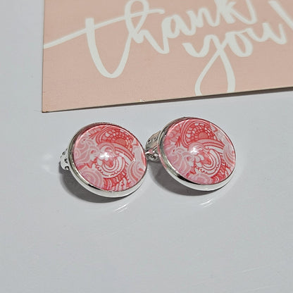 Red Cabochon Clip-On Earrings | Silver Tone Huggie Style | Non-Pierced