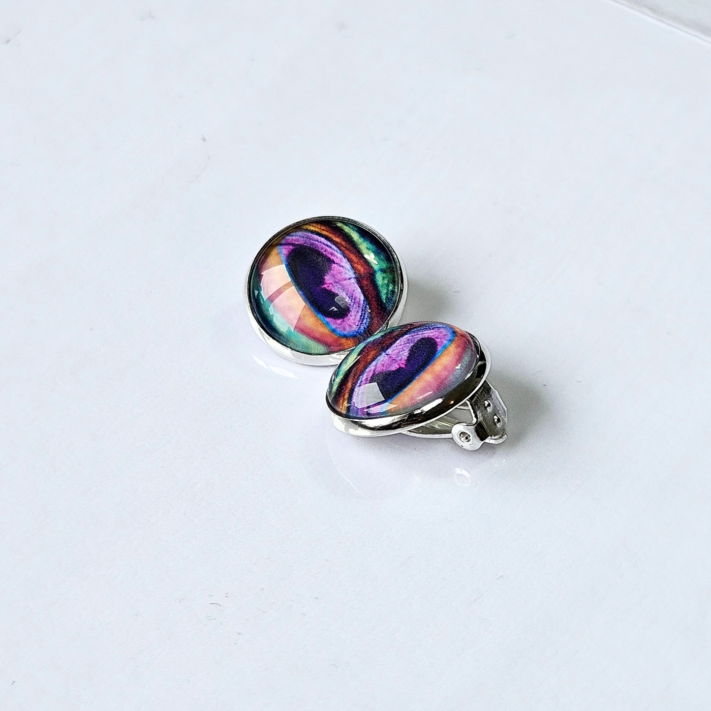 Peacock Feather Clip-On Stud Earrings | Close-Up Detail | Hypoallergenic