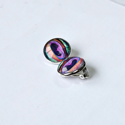 Peacock Feather Clip-On Stud Earrings | Close-Up Detail | Hypoallergenic
