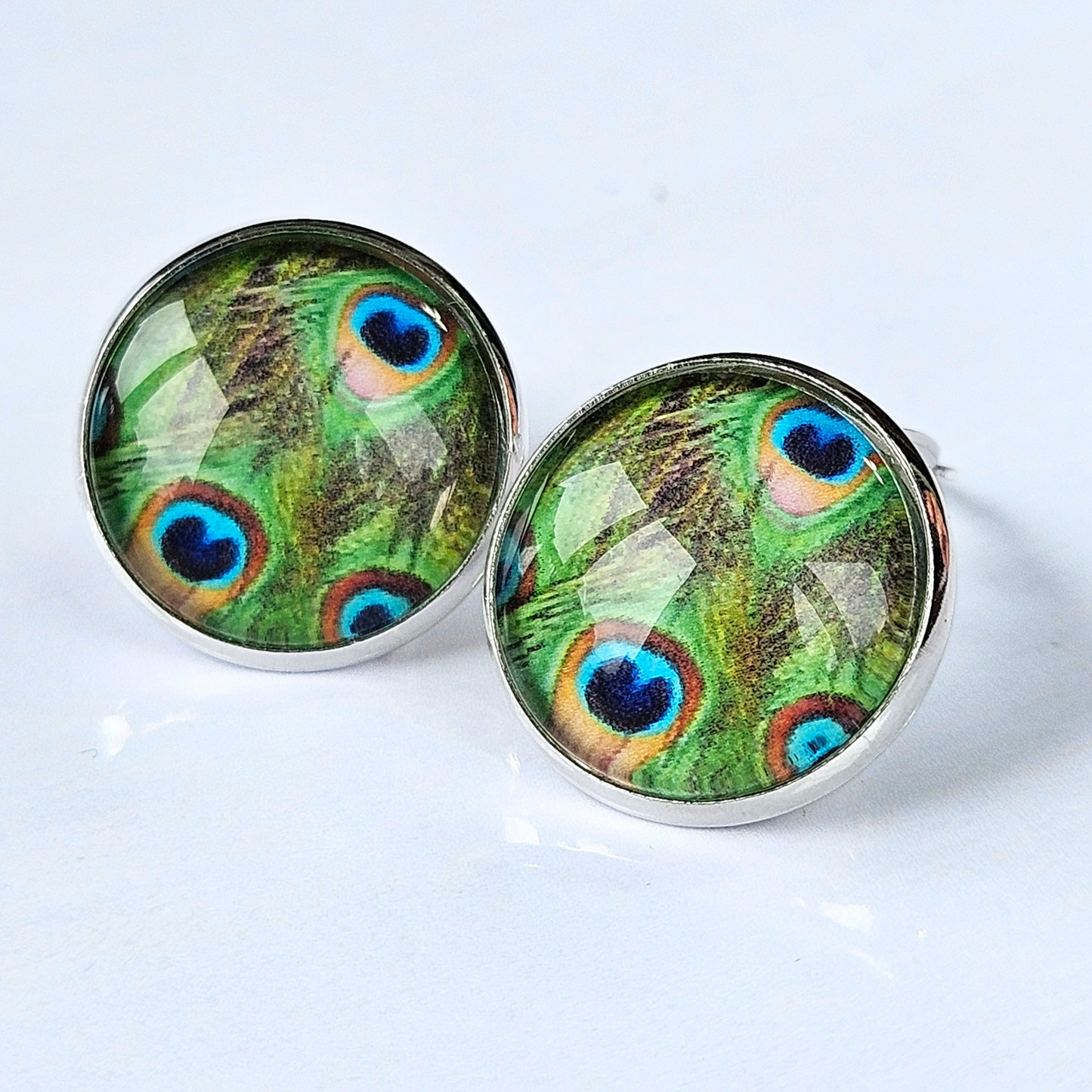 Peacock Feather Clip-On Stud Earrings | Glass Cabochon | Hypoallergenic