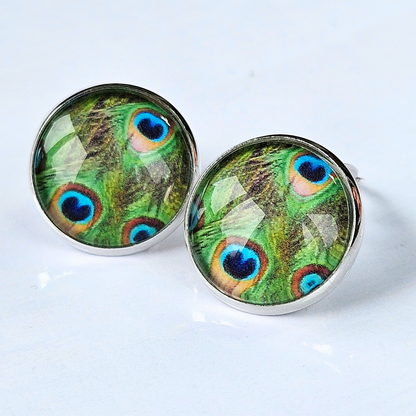 Peacock Feather Clip-On Stud Earrings | Glass Cabochon | Hypoallergenic