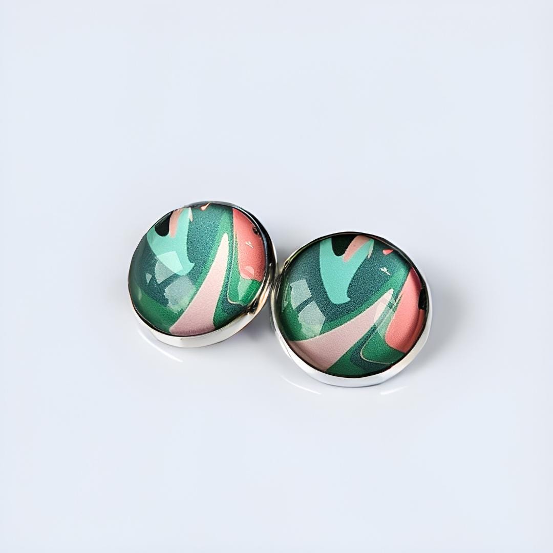 Pastel Patterned Clip On Earrings: Silver Tone Cabochon, Non-Pierced