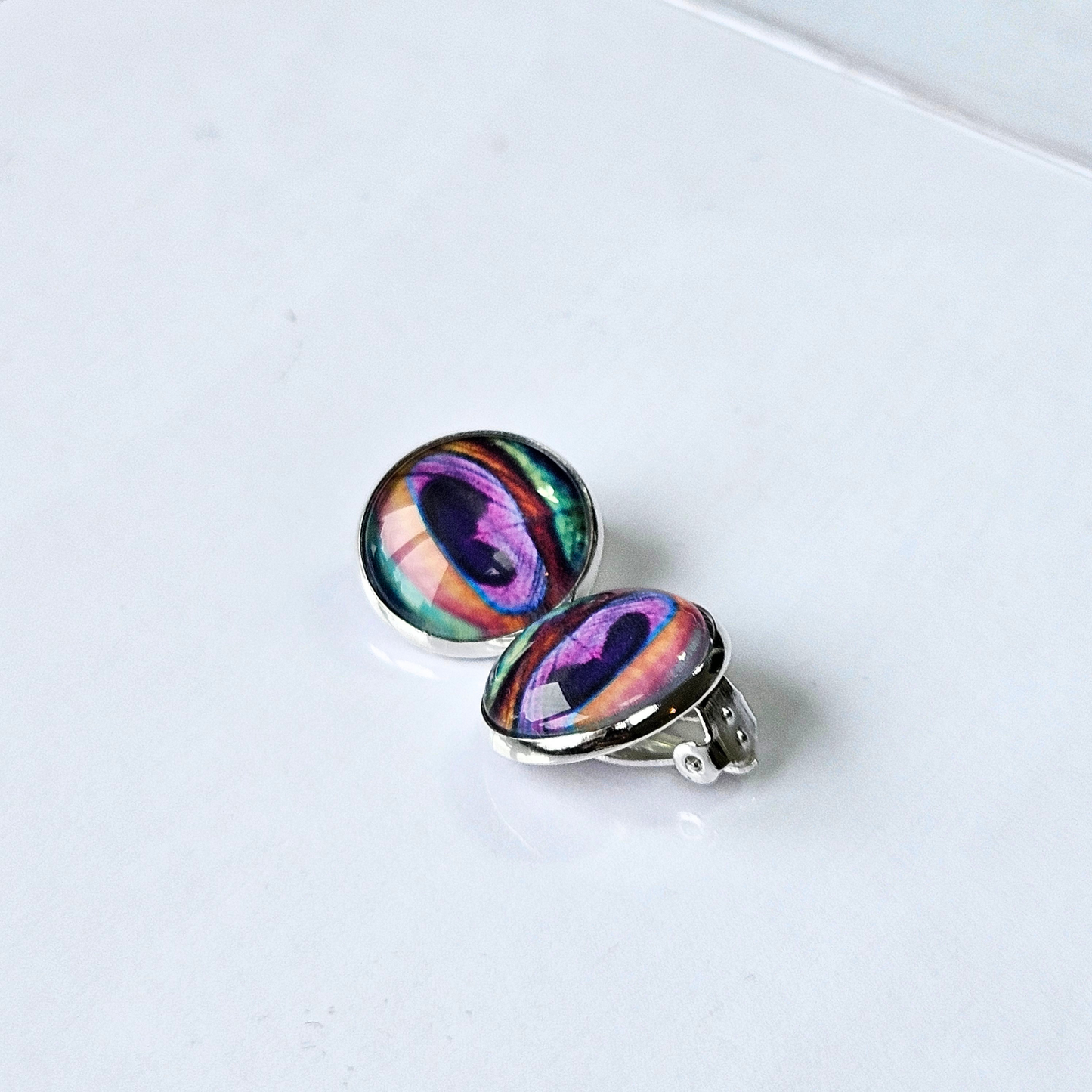 Peacock Feather Clip-On Stud Earrings | Close-Up Detail | Hypoallergenic
