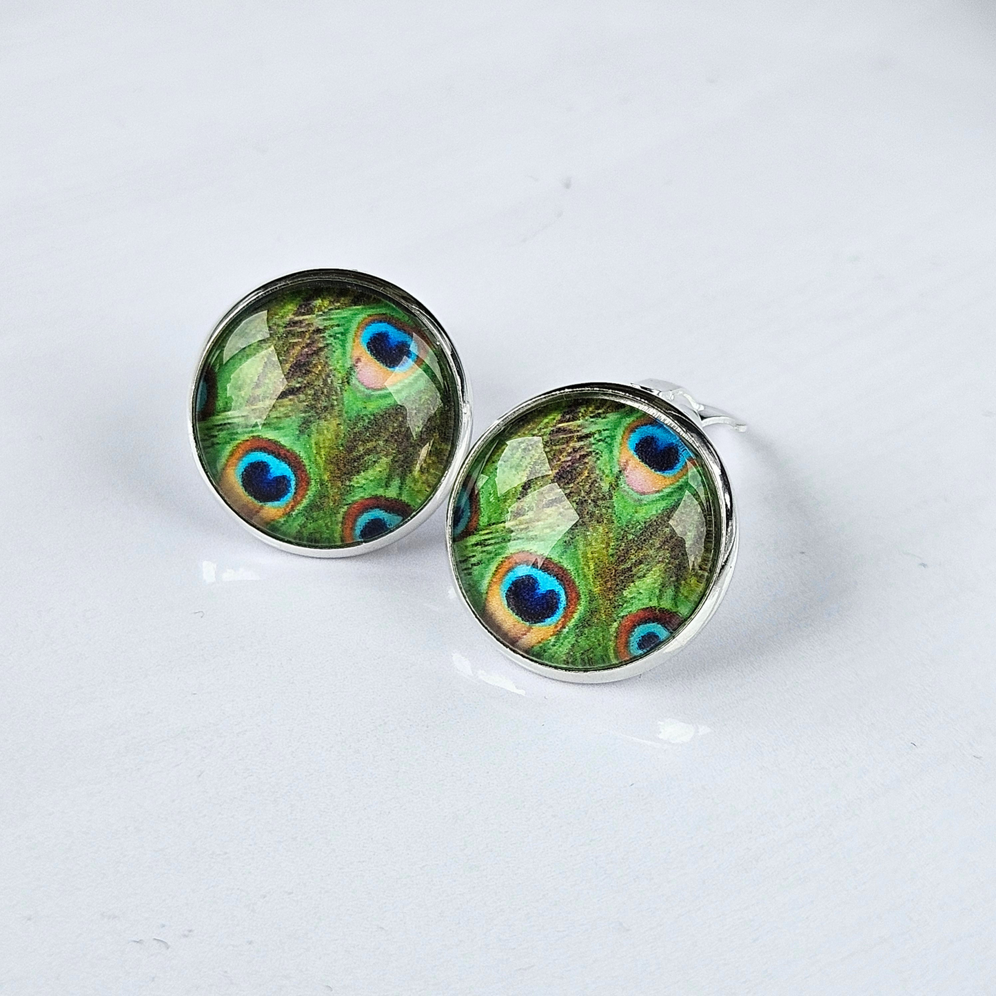 Peacock Feather Clip-On Stud Earrings | Glass Cabochon | Hypoallergenic