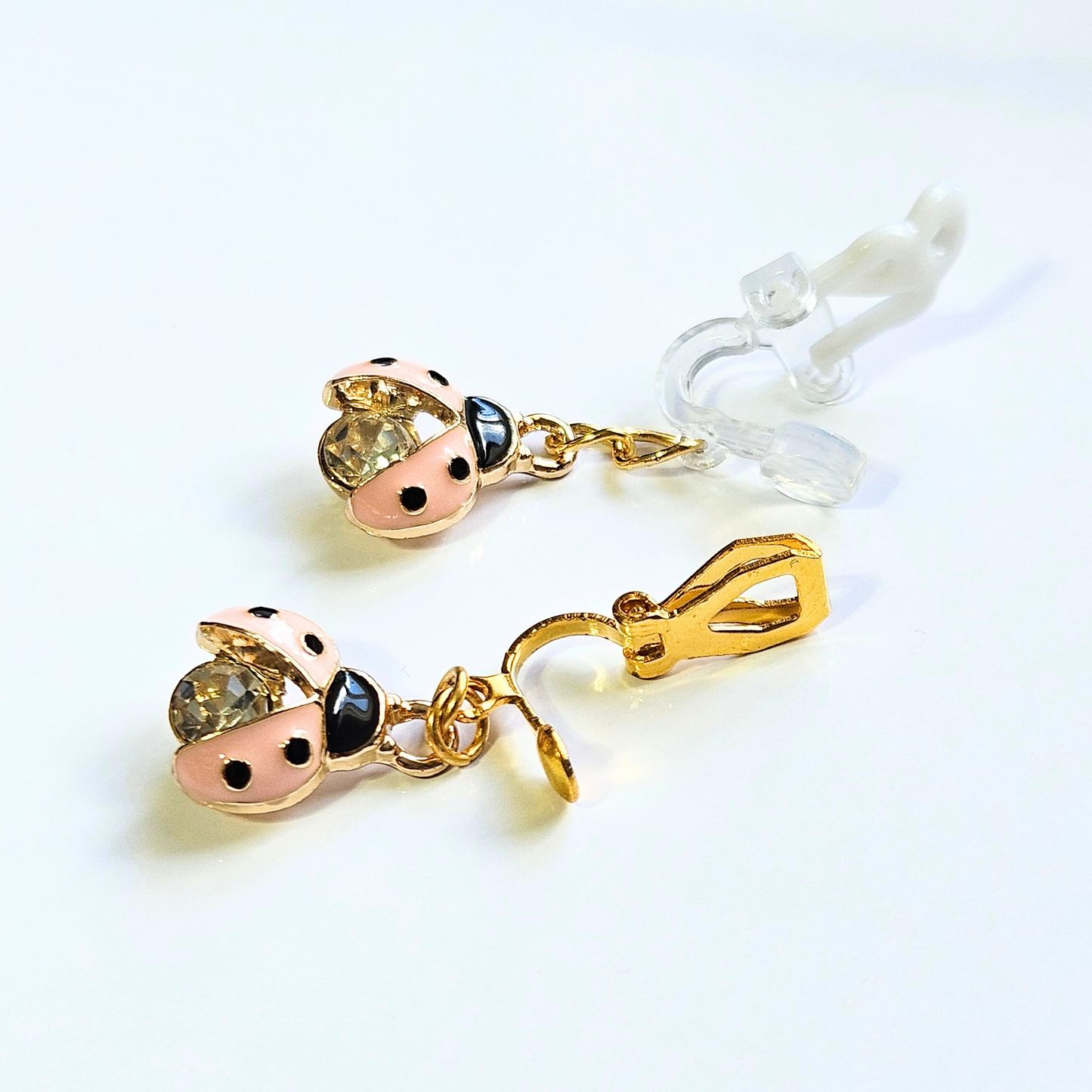Hypoallergenic pink rhinestone ladybug dangle Clip-On Earrings