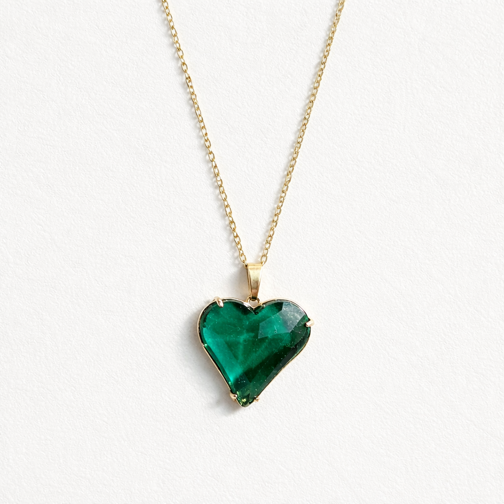 Gold Glass Heart Necklace | Blue, Green or Purple | Stainless Steel Chain