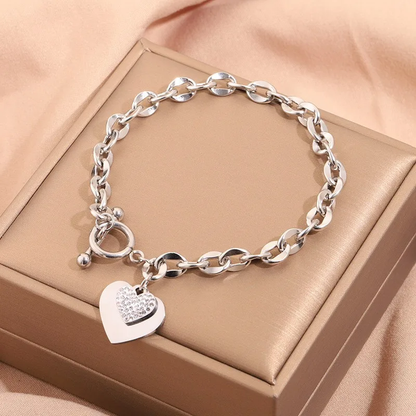 Stainless Steel Geometric Chain Bracelet | Silver & Rhinestone Heart Charms
