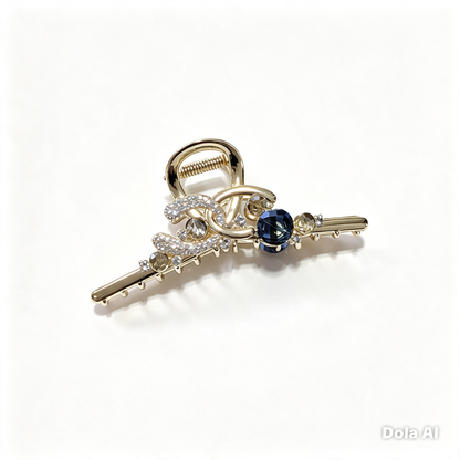 Gold & Sapphire Crystal Chain Hair Claw Clip — Luxury Metal Hair Barrette