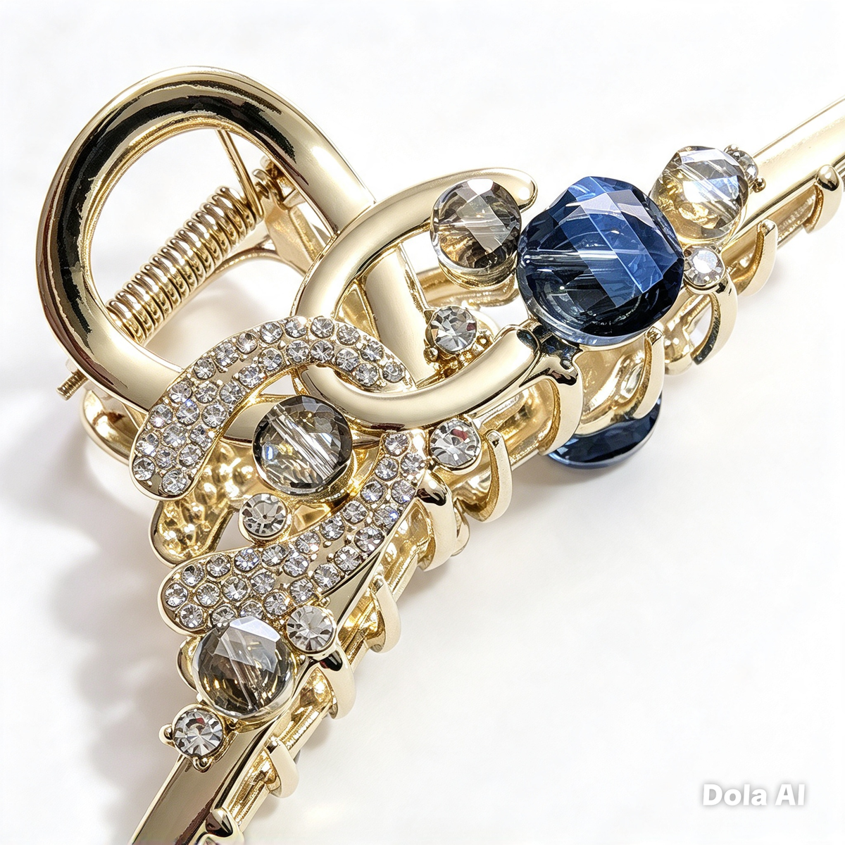 Gold & Sapphire Crystal Chain Hair Claw Clip — Luxury Metal Hair Barrette