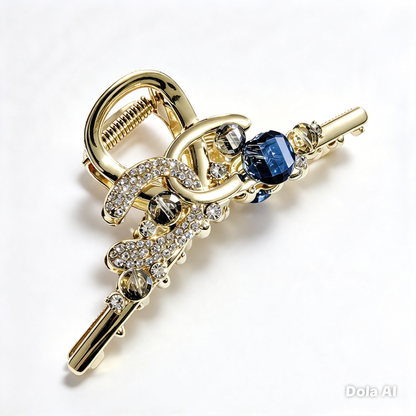 Gold & Sapphire Crystal Chain Hair Claw Clip — Luxury Metal Hair Barrette