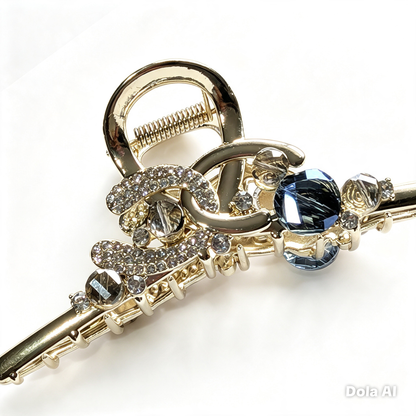 Gold & Sapphire Crystal Chain Hair Claw Clip — Luxury Metal Hair Barrette