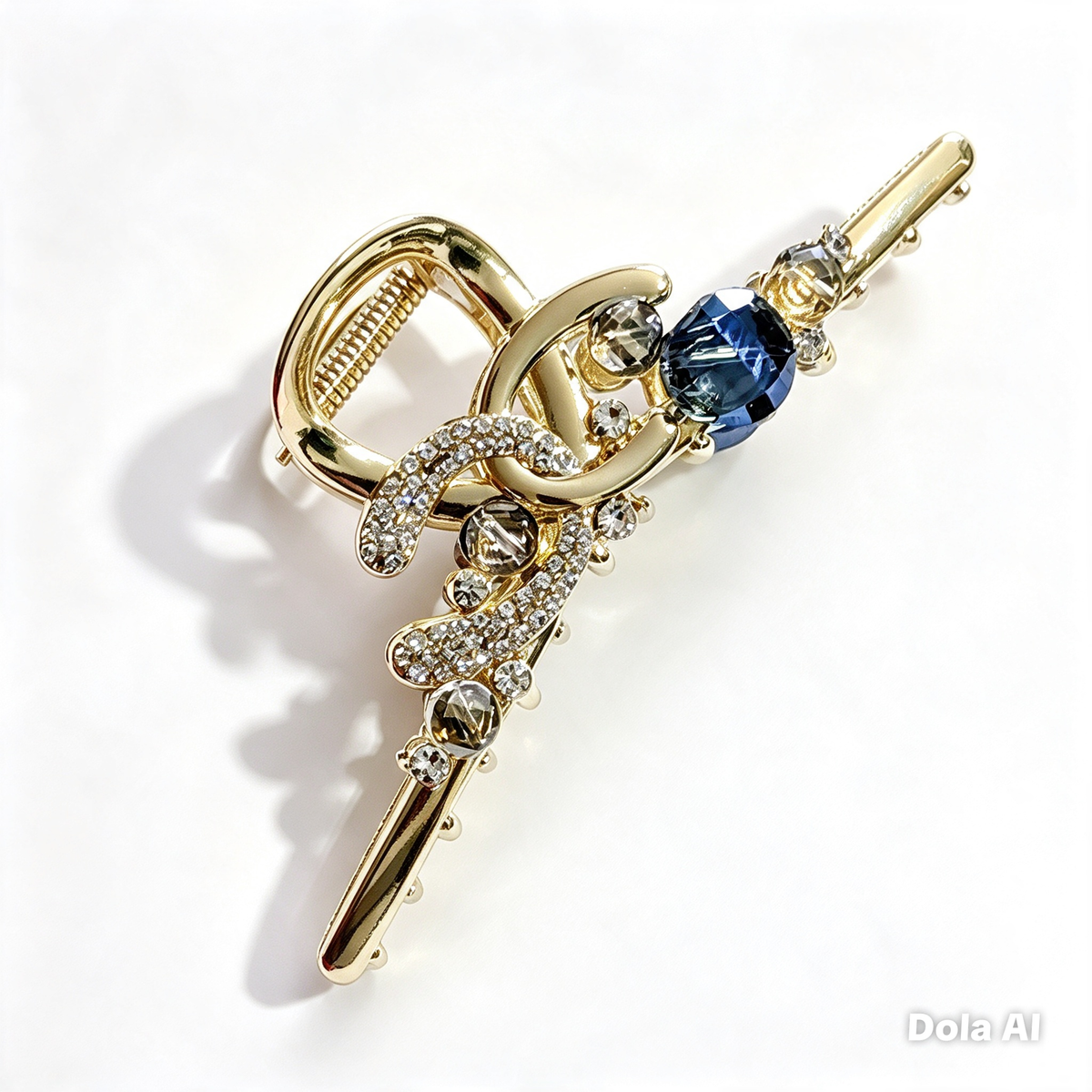 Gold & Sapphire Crystal Chain Hair Claw Clip — Luxury Metal Hair Barrette
