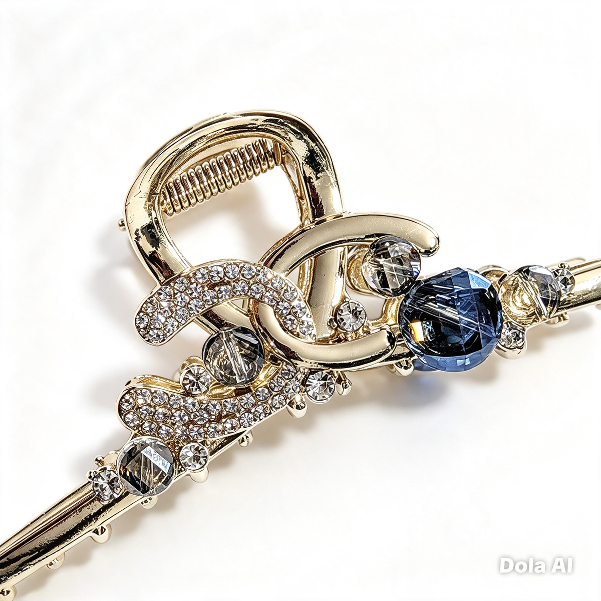 Gold & Sapphire Crystal Chain Hair Claw Clip — Luxury Metal Hair Barrette