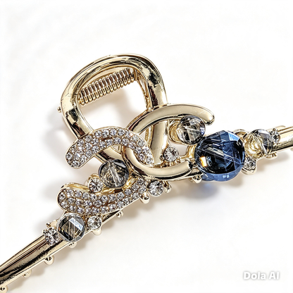 Gold & Sapphire Crystal Chain Hair Claw Clip — Luxury Metal Hair Barrette