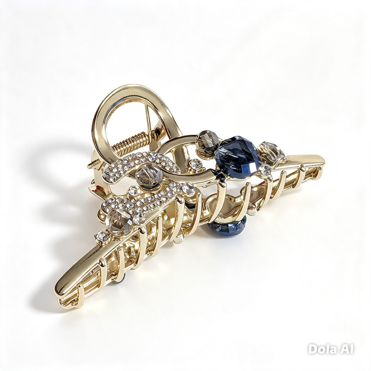 Gold & Sapphire Crystal Chain Hair Claw Clip — Luxury Metal Hair Barrette