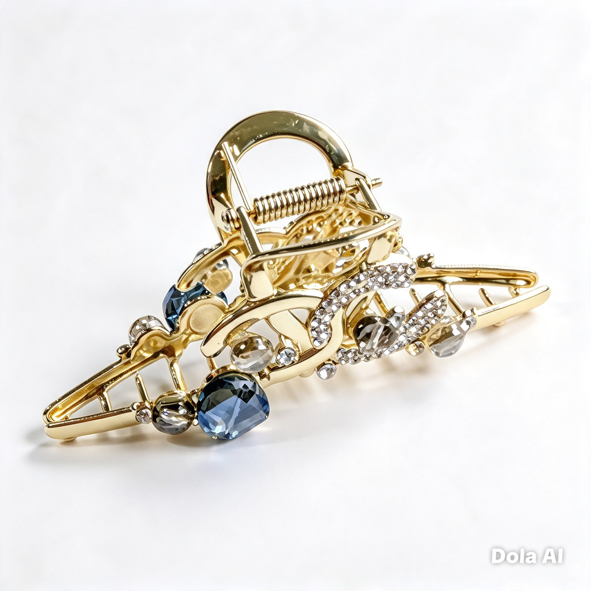 Gold & Sapphire Crystal Chain Hair Claw Clip — Luxury Metal Hair Barrette