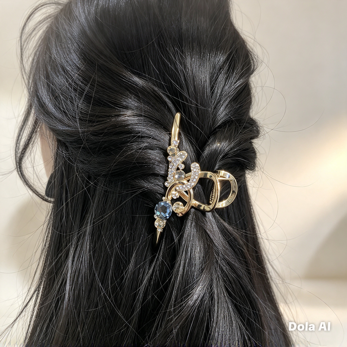Gold & Sapphire Crystal Chain Hair Claw Clip — Luxury Metal Hair Barrette