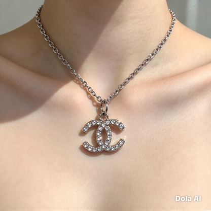 Silver-Tone Rhinestone Charm Necklace with Stainless Steel Chain