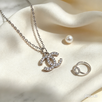 Silver-Tone Rhinestone Charm Necklace with Stainless Steel Chain
