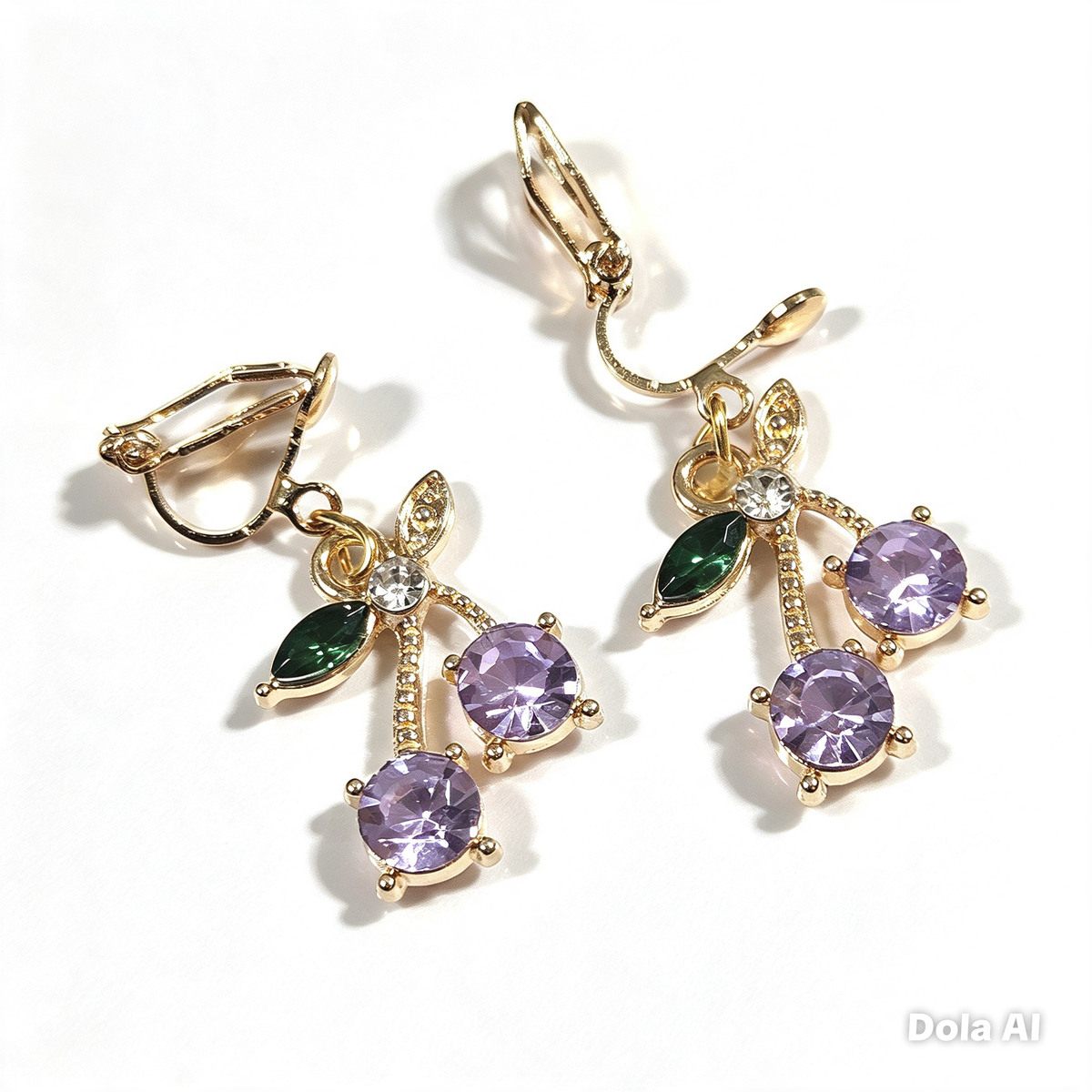 Gold Cherry Clip On Earrings, Sparkly Crystal Fruit Dangles, No Pierce Jewelry for Women, Cute Pink Blue Purple Cherry Drop Earrings