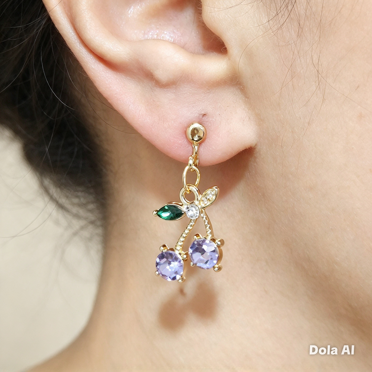 Gold Cherry Clip On Earrings, Sparkly Crystal Fruit Dangles, No Pierce Jewelry for Women, Cute Pink Blue Purple Cherry Drop Earrings