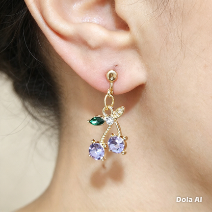 Gold Cherry Clip On Earrings, Sparkly Crystal Fruit Dangles, No Pierce Jewelry for Women, Cute Pink Blue Purple Cherry Drop Earrings