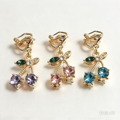 Gold Cherry Clip On Earrings, Sparkly Crystal Fruit Dangles, No Pierce Jewelry for Women, Cute Pink Blue Purple Cherry Drop Earrings