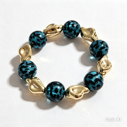 Handmade Cheetah Print Bracelet for Women – Chunky Elastic Beaded Bracelet with Gold Detail, UK Jewellery Gift