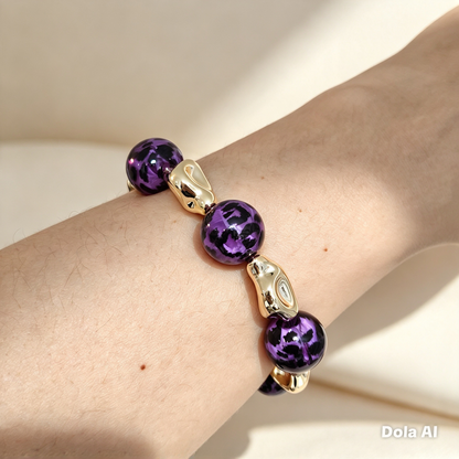 Handmade Cheetah Print Bracelet for Women – Chunky Elastic Beaded Bracelet with Gold Detail, UK Jewellery Gift