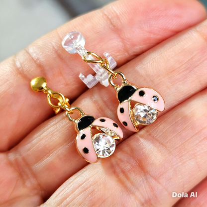 Hypoallergenic pink rhinestone ladybug dangle Clip-On Earrings