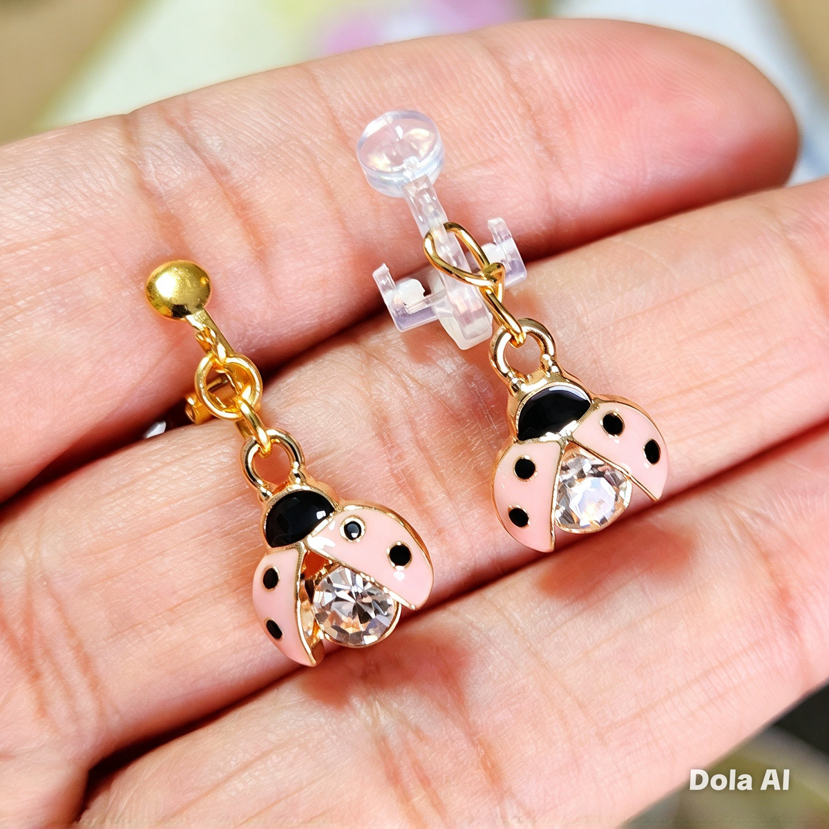 Hypoallergenic pink rhinestone ladybug dangle Clip-On Earrings