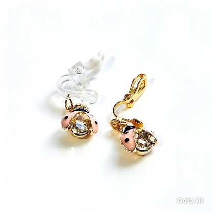 Hypoallergenic pink rhinestone ladybug dangle Clip-On Earrings