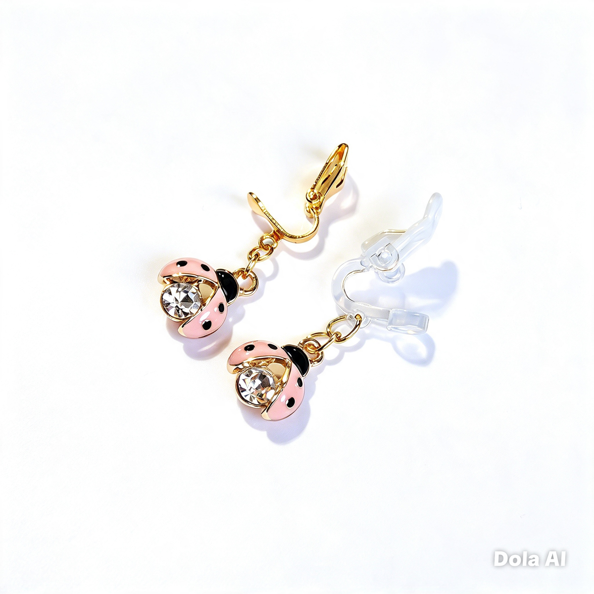 Hypoallergenic pink rhinestone ladybug dangle Clip-On Earrings