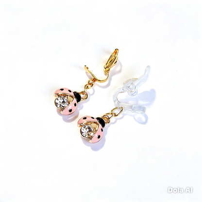 Hypoallergenic pink rhinestone ladybug dangle Clip-On Earrings