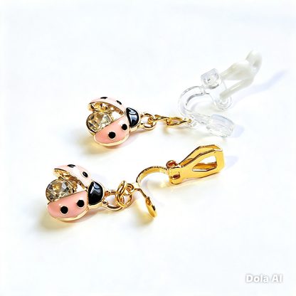 Hypoallergenic pink rhinestone ladybug dangle Clip-On Earrings