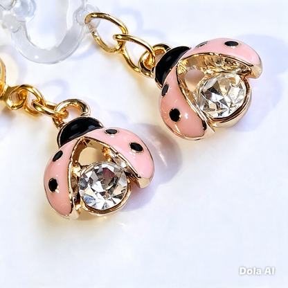 Hypoallergenic pink rhinestone ladybug dangle Clip-On Earrings